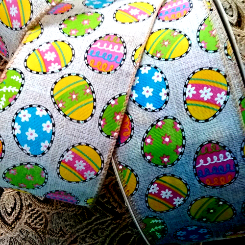 Easter 2.5" by 2 yd Wired Ribbon Spring Metallic Glitter Eggs on Natural Spring - Picture 5 of 9