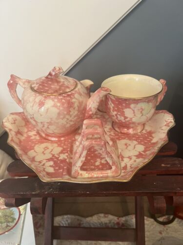 Vintage Royal Winton Chintz Pink Rose Brocade Breakfast Set Teapot Rosebud Tea - Picture 2 of 6