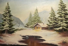 Impressionist oil painting winter river landscape forest hut signed
