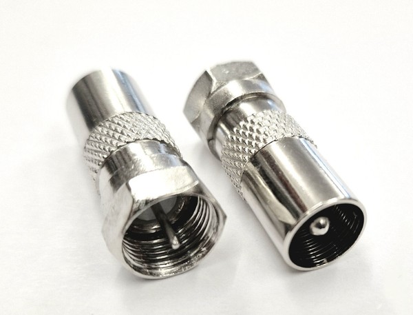 F Male Plug to Coax RF Male Aerial Plug Connector Adaptor Quick Fit x 2 - image 1
