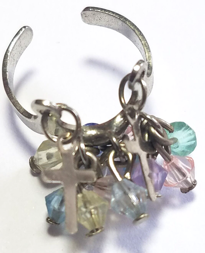 Silver Tone Multi Color Beads Tiny Cross Dangle Figure Toe Adjustable Ring SZ3.5 - Bild 10 von 10