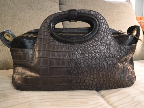 PM3 VTG 90s Y2K Cynthia Rowley Brown Black Croc Embossed Leather Tote Bag Purse - Picture 3 of 14