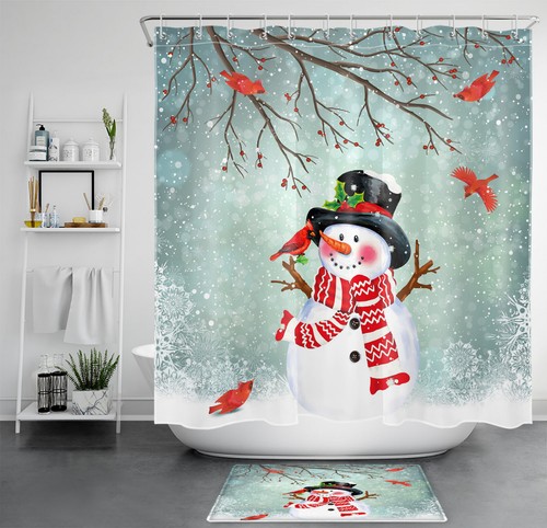 Pine Tree Cute Cardinals Christmas Snowman Shower Curtain Set for Bathroom Decor - Bild 1 von 17