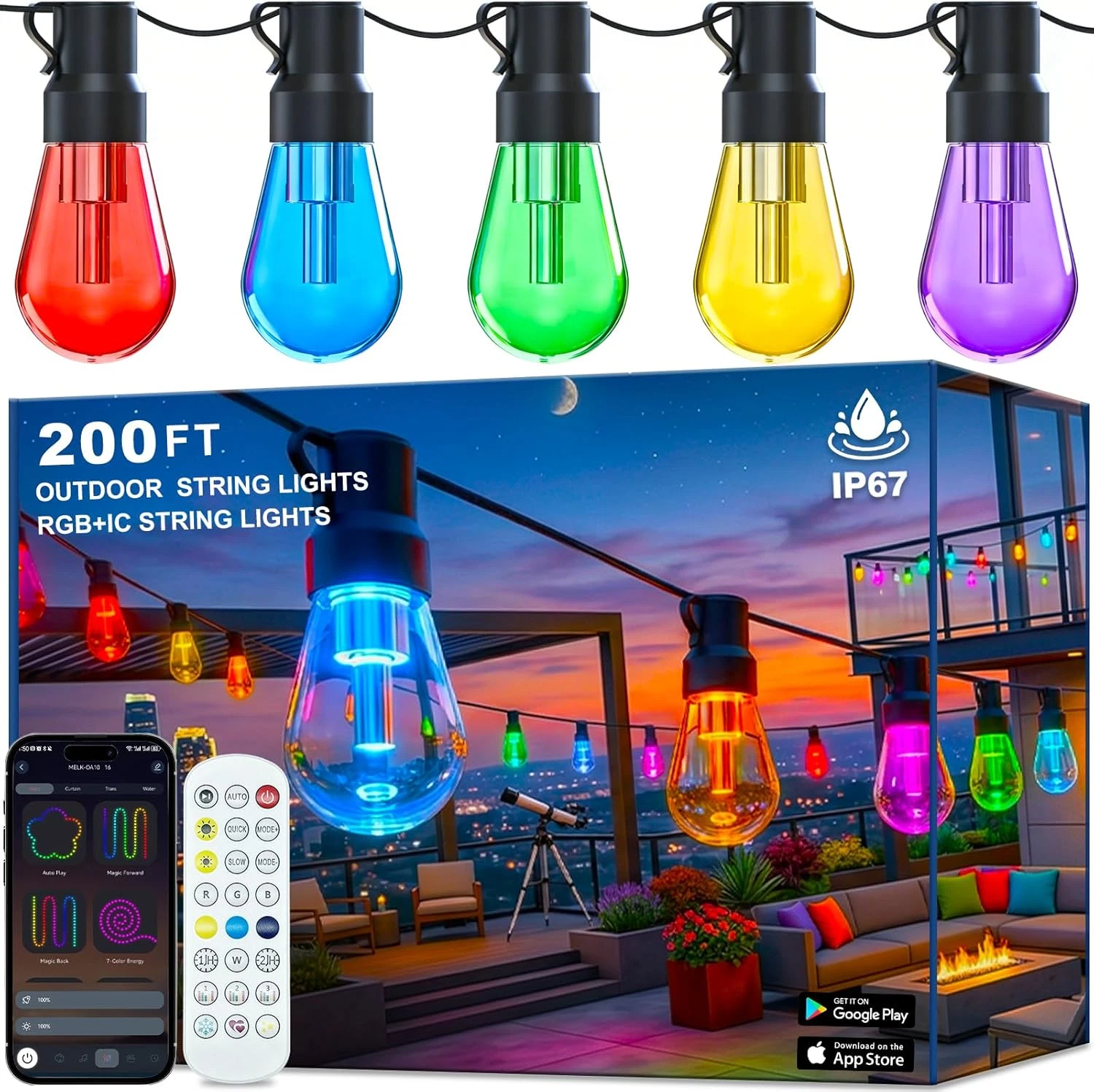 200Ft Smart RGB Outdoor String Lights, Dimmable LED, Waterproof for Patio Decor