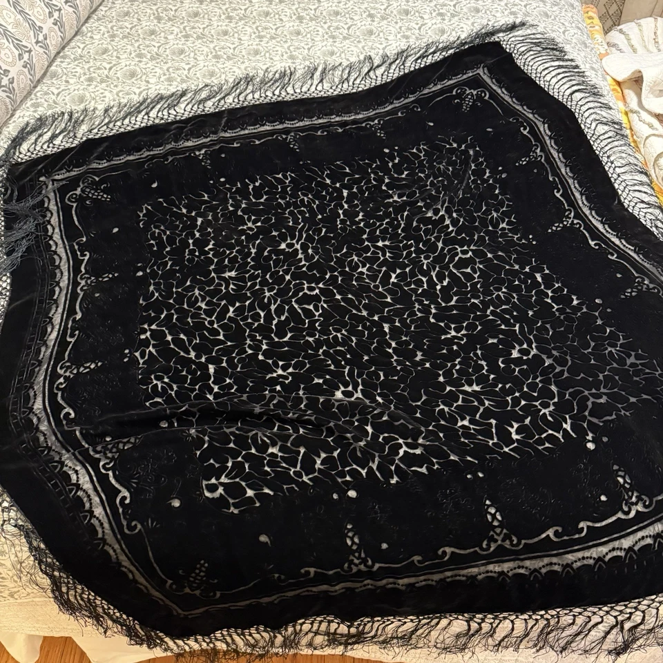 Antigo ENVOLTÓRIO DE LENÇO Veludo 41 X 40 Polegadas + Franja de 5,50 Polegadas Elegante Design Transparente - Imagem 2 de 4