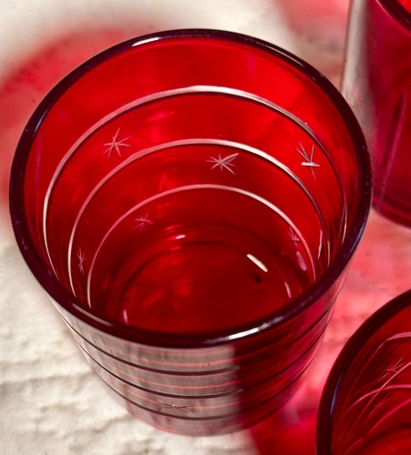 VINTAGE CZECH RUBY RED Shot Glass, MCM, Banded Ring with Etched Starbursts, EUC - Picture 4 of 8