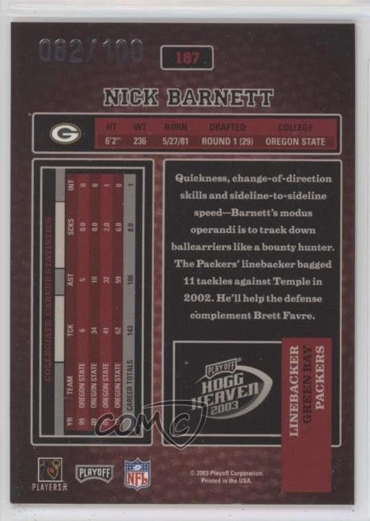 2003 Playoff Hogg Heaven Rookie Hogg Wild /100 Nick Barnett #187 Rookie RC - Image 2 of 2