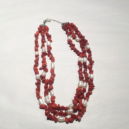 Vintage Sterling Silver Red Coral And Pearl 3 Strand Necklace - L@@k Nice - Picture 3 of 9
