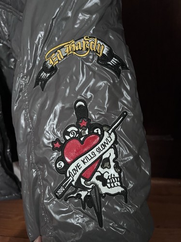 Ed Hardy Puffer Down Jacket Love Kills Slowly Embroidered  XL 2000s (Y2K) Style - Picture 9 of 15