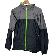 Columbia Kids Hooded Windbreaker Jacket Grey Lime Green Fleece Lined Boys Large