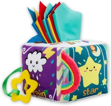 Tissue Box Toy for Baby, Montessori Sensory Pull Toy with 12 Durable Cloth Scarv
