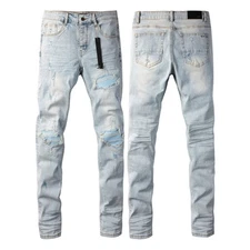 AMIRIS Jeans High Street Leather Ripped Patch Retro Wash Old Stretch pants