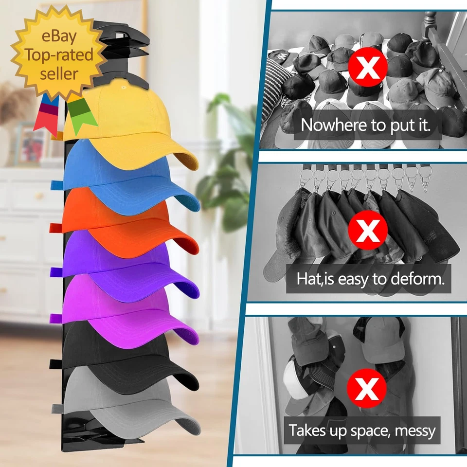 Organizador de sombreros para gorras de béisbol de 2 piezas, soporte para sombreros montado en la pared con adhesivo fuerte Foto 3 de 4