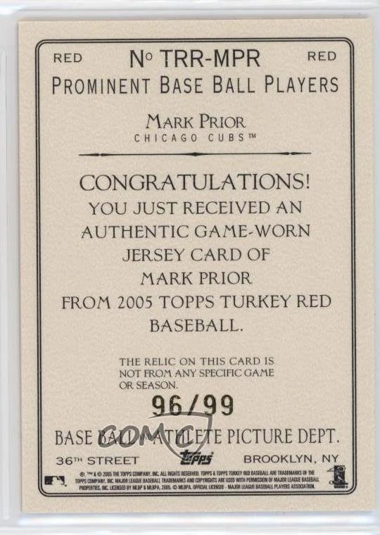 2005 Topps Turkey Red Relics Red /99 Mark Prior #TRR-MPR - Image 2 of 2