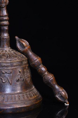 Bronze Cinnabar Six Character Proverbs Mahakala Head Old Ringing Bell Vajra Set - Picture 3 of 9