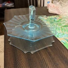 Vtg Aqua Blue Depression Glass Etched Floral Handle Serving Tidbit Plate Tray