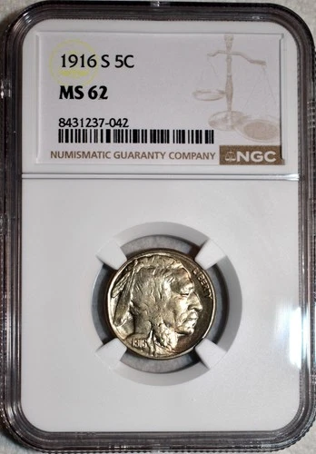 NGC MS-62 1916-S Buffalo Nickel, Blazing, Lightly Toned specimen!