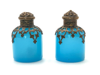 V. Fine Pair of Victorian French Blue Opaline Glass Scent Perfume Bottles