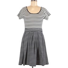 Kachel Striped Short Sleeve Pleated Scoop Neck A-Line Dress Women’s Size 8 Blue