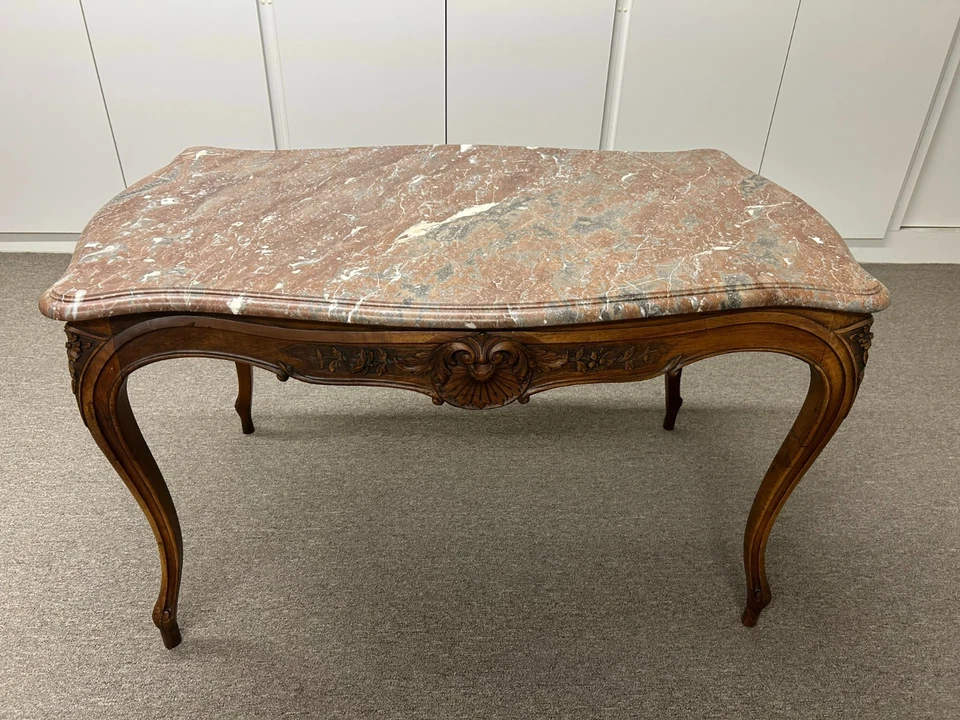 ВИНТАЖНЫЙ АНТИКВАРНЫЙ ФРАНЦУЗСКИЙ СТОЛ из красного дерева КОРИЧНЕВЫЙ-КРЕМОВО-СЕРЫЙ МРАМОРНЫЙ ВЕРХ 1 ящик - Изображение 2 из 4