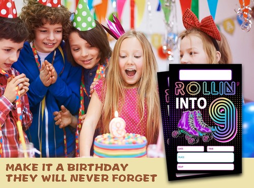 Roller Skating 9th Birthday Party Invitations With Envelopes4" x 6"- 20 Pack ... - Picture 4 of 5