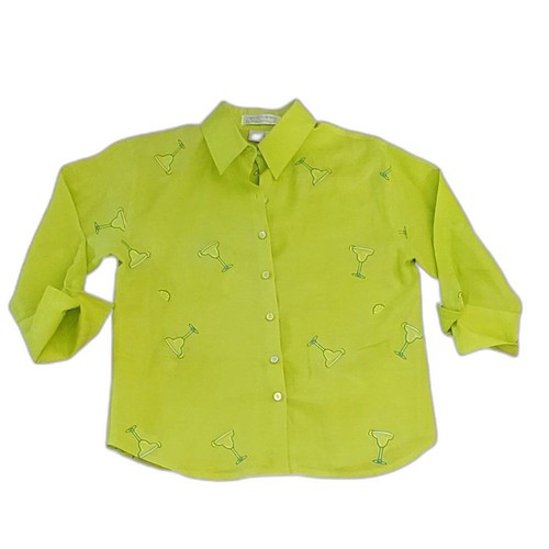 100% Linen Lime Green Chartreuse Novelty Print Embroidered Margarita Blouse Top - Picture 13 of 14