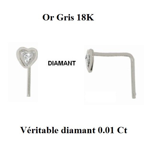 Dolly-Bijoux Piercing Nez Coeur Pavé Diamant 0.01 Carat Or Gris Massif 18K - Picture 1 of 2