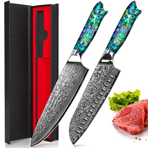 Damascus Chef's Knife Damascus Steel Santoku Nakiri Knife Abalone Shell Handle - Picture 23 of 40