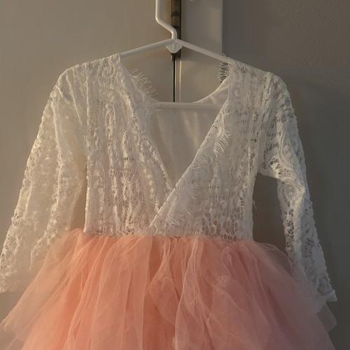 Little Girls Dress 3/4 White Lace / Pink Tulle Bottom With Removable Flower - 第 3/7 張圖片