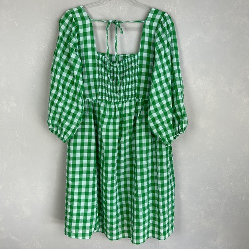 Umgee size L square neck 3/4 sleeve short dress green gingham slub cotton NEW - Picture 7 of 11