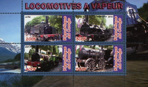 Congo Steam Locomotives Transportation Souvenir Sheet of 4 Stamps Mint NH - Picture 2 of 5