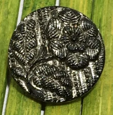 Antique Black Glass Button Silver Luster Flower Lacey Relief Tunnel Shank 1/2"