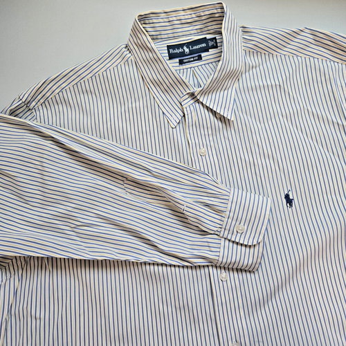 Ralph Lauren Button Down Long Sleeve Shirt Blue Yellow Stripe Mens Pony 18 34/35