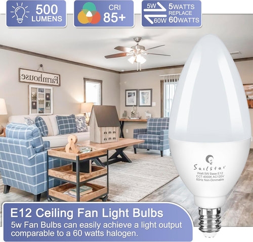 Candelabra Light Bulbs 60 Watt Equivalent, 4000K Natural Daylight, 5W E12 Small - Picture 2 of 8