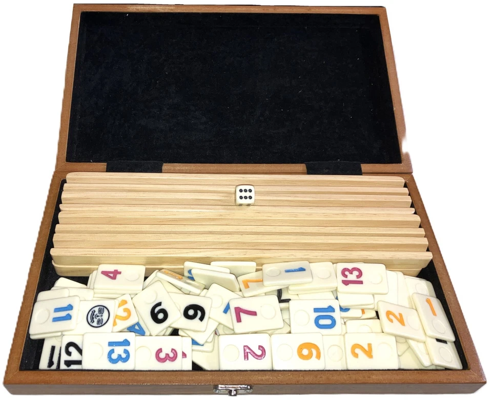 Juego de juegos de azulejos Rummy 4 bastidores de madera en elegante estuche de madera resina 106 azulejos Rummi Foto 3 de 4