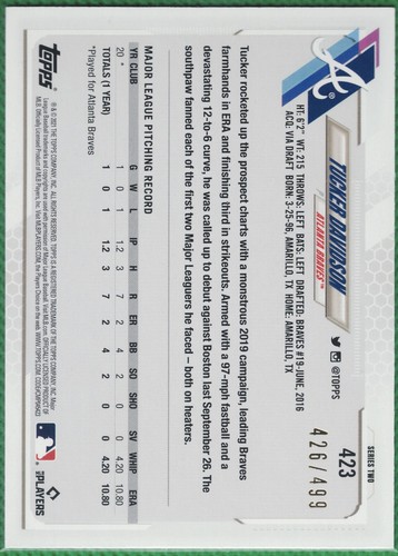 2021 Topps Series 2 Tucker Davidson #423 Rookie Green Ice Foil /499 - Picture 2 of 2