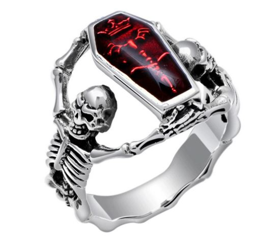Punk Totenkopf Sarg Ring Vampir rot silber Skelett Gothic Horror Pagan Dracula # - Bild 1 von 3
