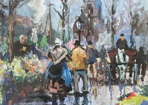 Gouache Impressionist City View Flower Market In Amsterdam Netherlands Romans - Picture 7 of 11