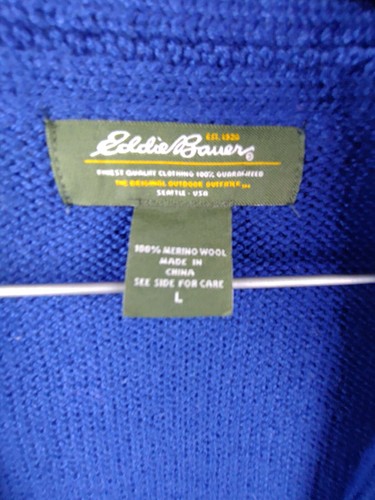 Eddie Bauer Womens Sweater Large Blue 100% Merino Wool Shawl Neck Cabin Cozy - Picture 3 of 9