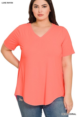 1X 2X 3X Luxe Rayon V Neck Short Sleeve Top Hi-Low Rounded Hem Loose Fit T Shirt - Picture 12 of 70