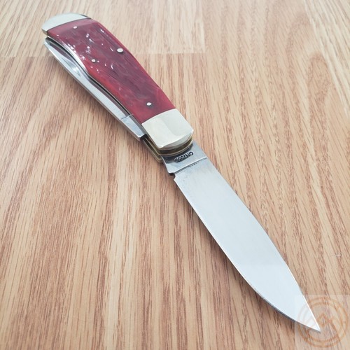 Queen Big Boy Trapper Pocket Knife 1095 Steel Blades Red Jigged Bone Handle 7555 - Picture 3 of 16