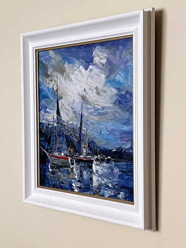 Original Framed Oil Painting Marine Sea Yachts Boats Seaside Sky Bay Ukraine Art - Picture 6 of 21