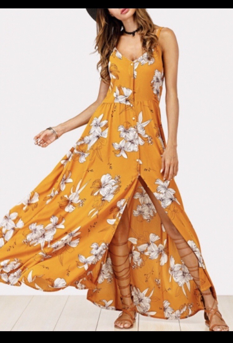 Beautiful Boho Yellow Floral Long Maxi Dress With Pearl Button Front Size Medium
