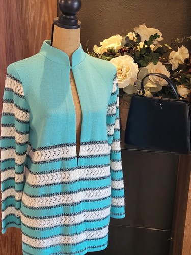 San Remo By Laura Knits Small Open Cardigan In Turquoise Black And White - Picture 4 of 9