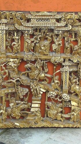 ANTIQUE CHINESE WOOD CARVED PIERCED GILT TEMPLE PANEL BATTLE WARRIORS ON HORSES - Picture 2 of 10