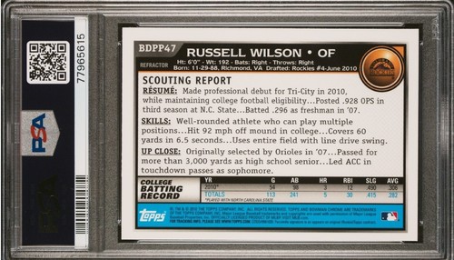 Tarjeta de novato Bowman Chrome Russell Wilson Refractor Silver Prizm 2010 RC SP PSA 8 - Imagen 3 de 3