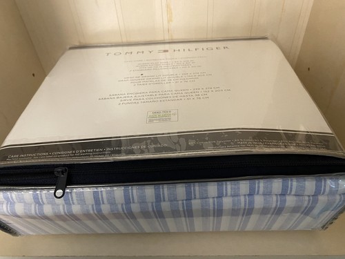 TOMMY HILFIGER Queen Size Sheet Set Easy Care Blue White Striped 4 Pc Set NEW - Picture 5 of 6