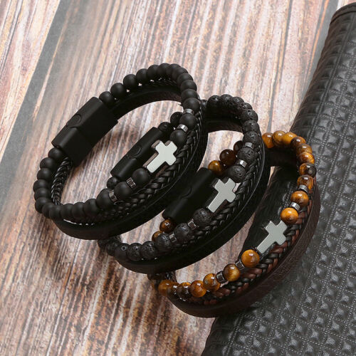 Men's Cross Leather Braided Bracelet Tiger's Eye Stone Bracelet Cuff Bangle Gift - Picture 2 of 24