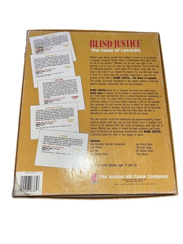 VINTAGE Blind Justice The Game of Lawsuits COMPLETE Avalon Hill 1989 Bookshelf - Picture 10 of 10