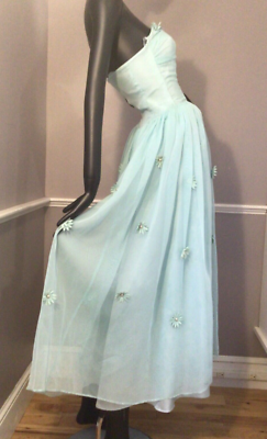nylon prom dress Authentic Vintage late 1940s 1950s Womans Aqua Strapless Nylon Prom Gown  (E-60)
